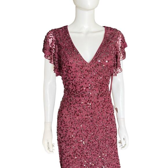 Mac Duggal Sequined V Neck Flutter Cap Sleeve Trumpet Dress A10801 Women’s Sz 2 - Picture 4 of 9
